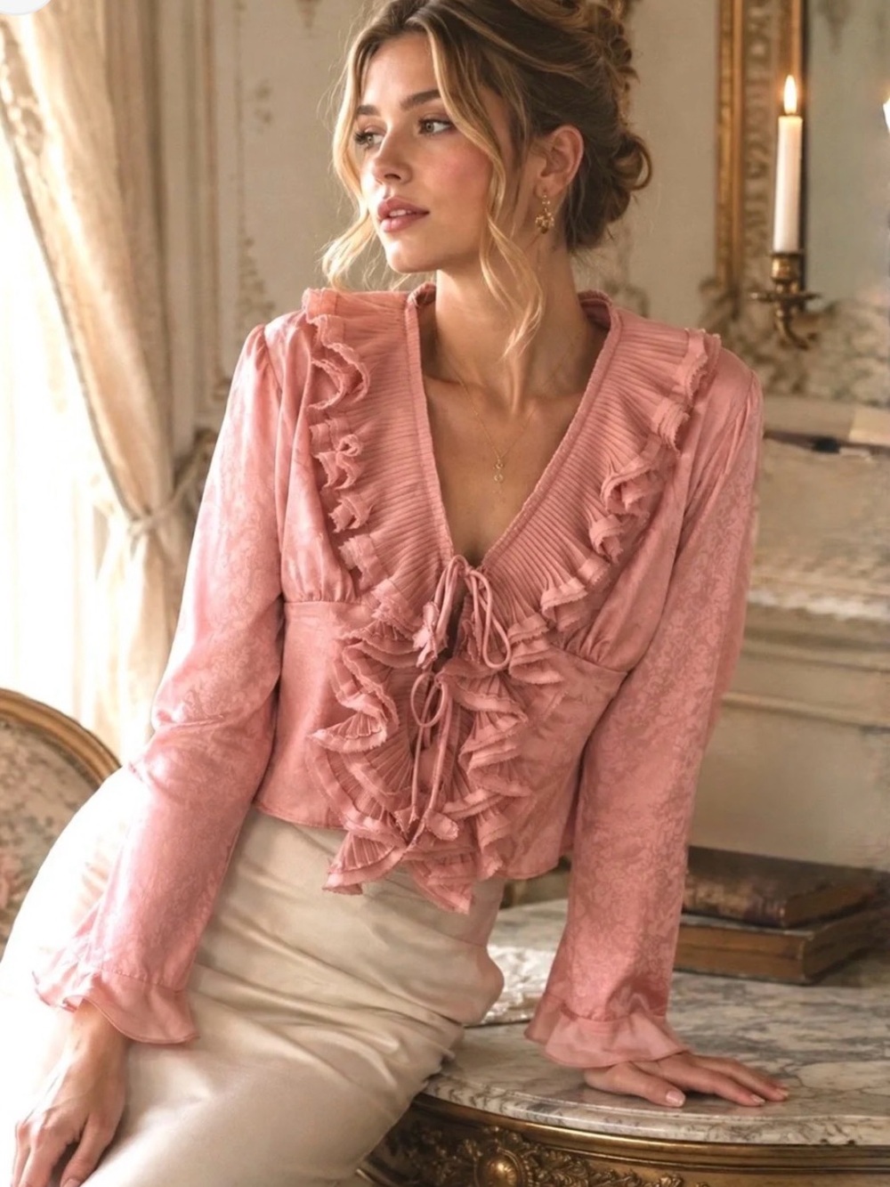 En Saison Women's Pink Ruffle V-Neck Tie Front Blouse - Picture 2 of 5